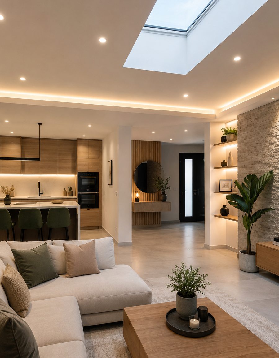 Installation d'éclairage LED avec puits de lumière et bandeau LED réalisée par ETS Métais